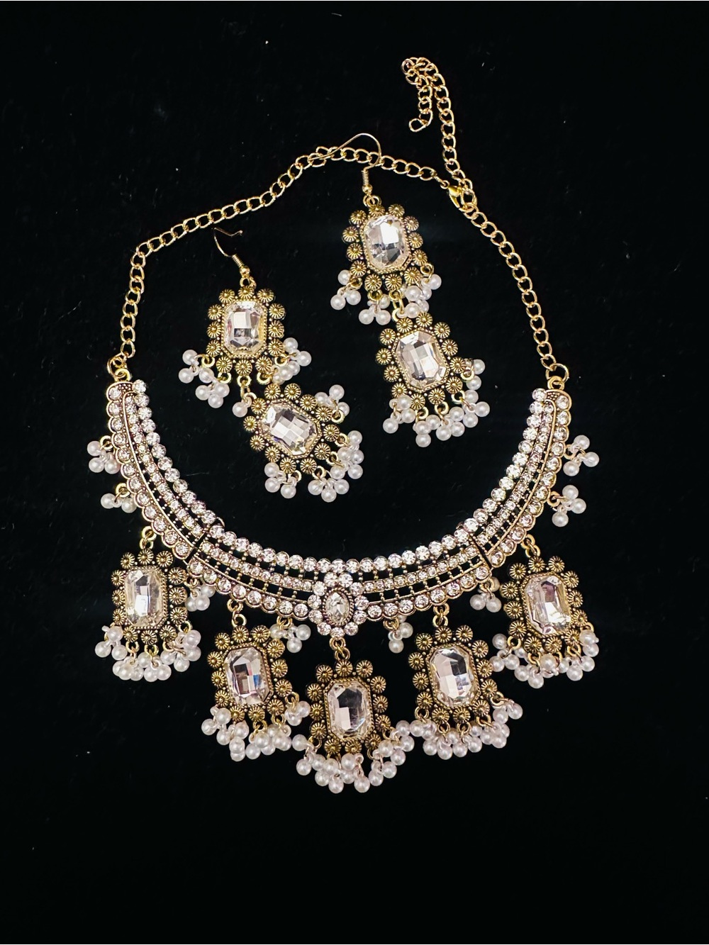 Indian Temple Bridal Statement Set – Crystal & Pearl Necklace + Earrings